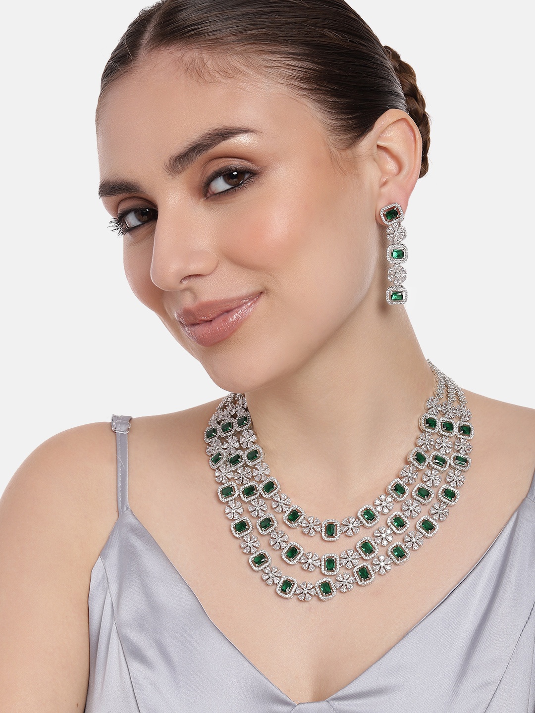 

Estele Women Rhodium-Plated Cubic Zirconia Studded Layered Jewellery Set, Silver