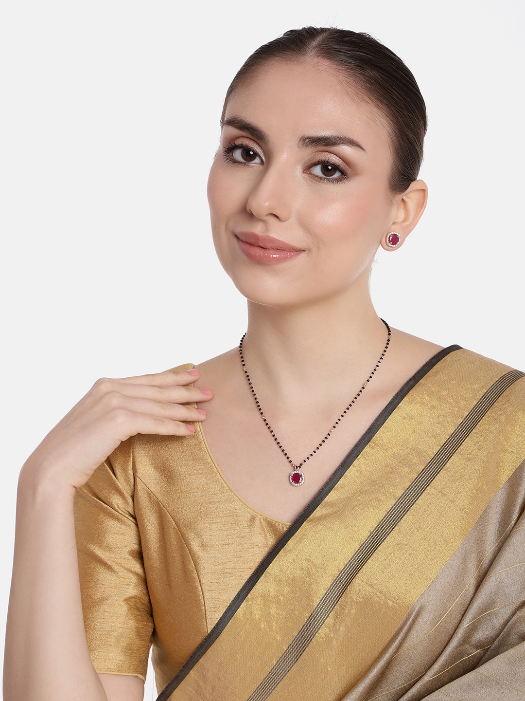 

Estele Rose Gold-Plated CZ-Studded & Beaded Mangalsutra With Earrings