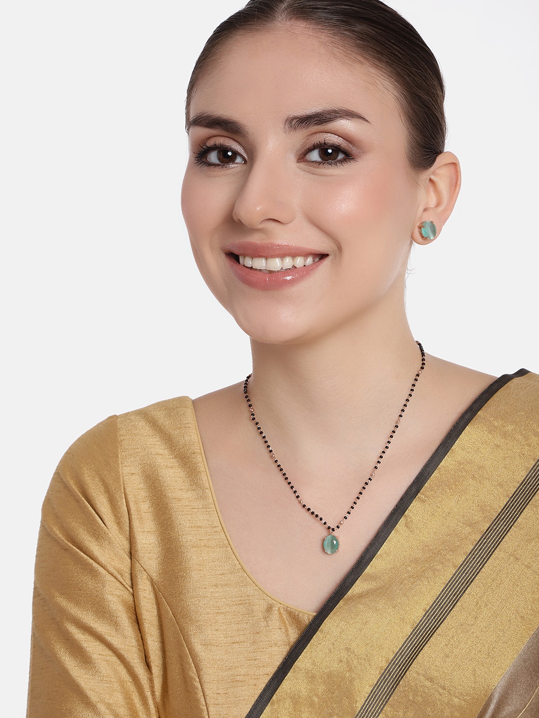 

Estele Rose Gold-Plated CZ-Studded & Beaded Mangalsutra With Earrings