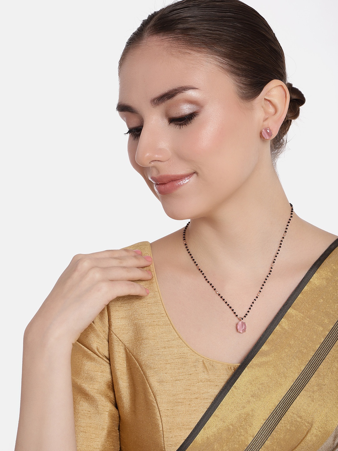 

Estele Rose Gold-Plated Cubic Zirconia-Studded & Beaded Mangalasutra With Earrings