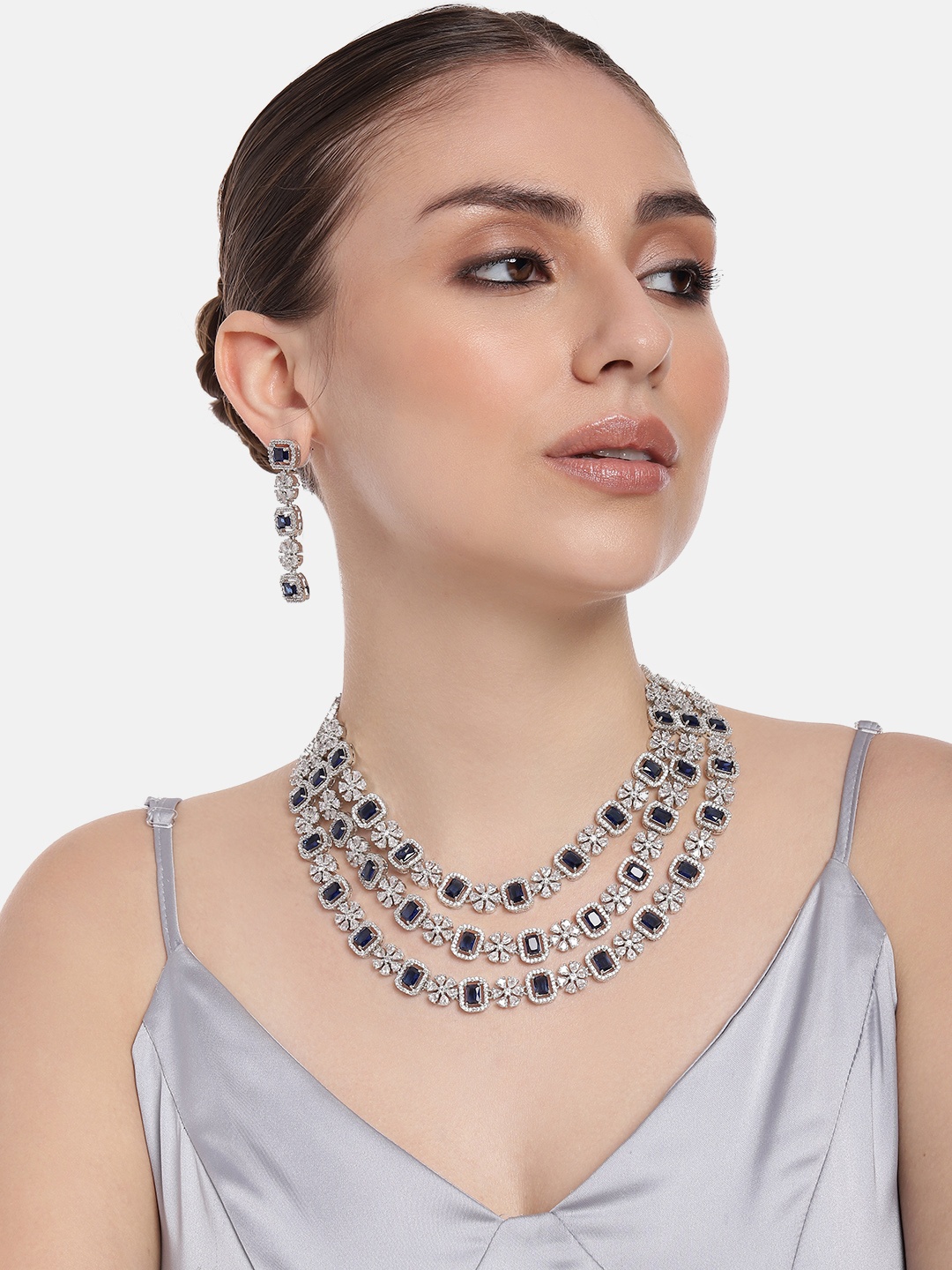 

Estele Women Rhodium-Plated Cubic Zirconia Studded Layered Jewellery Set, Silver