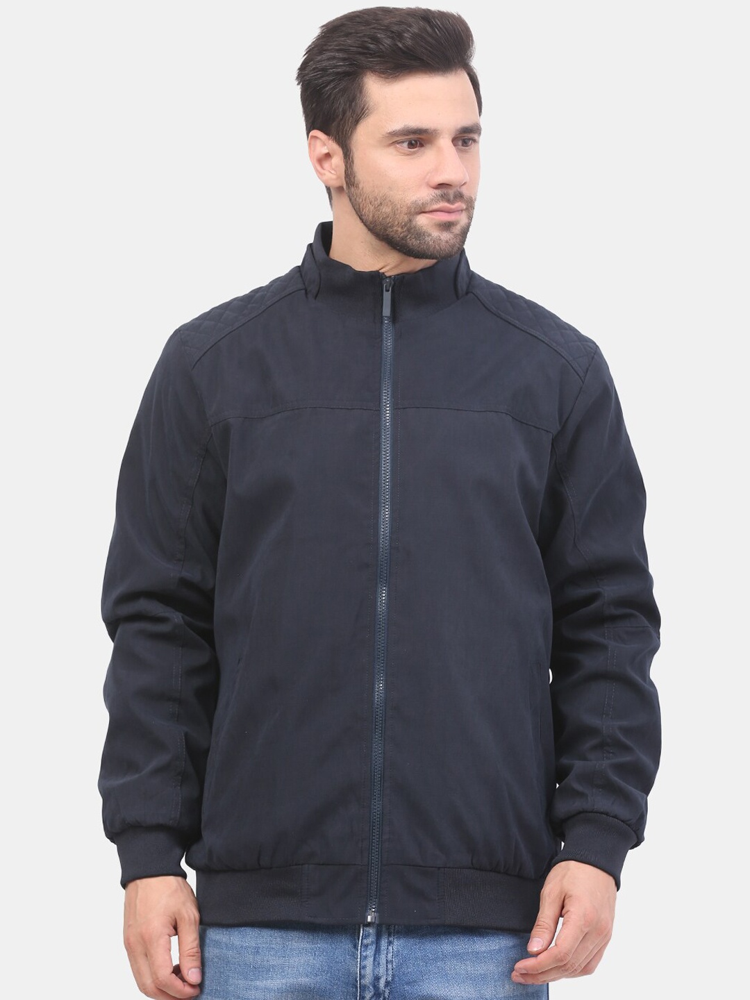 

Mast & Harbour Navy Blue Stand Collar Bomber Jacket