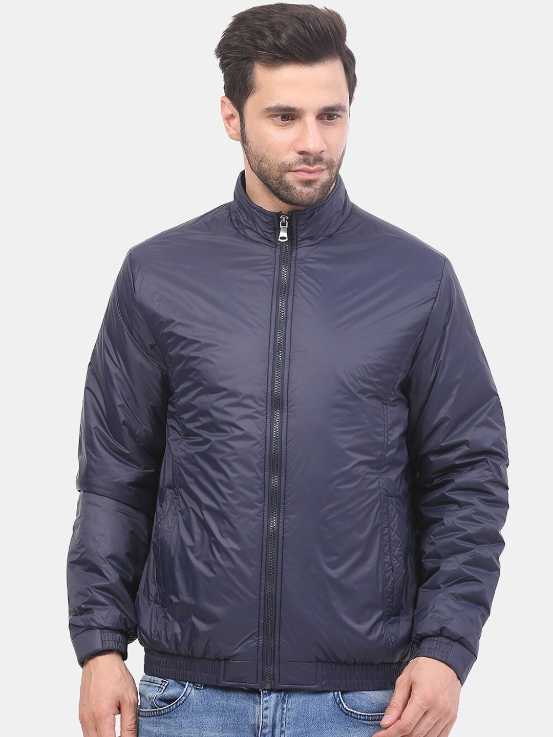 

Mast & Harbour Navy Blue Stand Collar Bomber Jacket