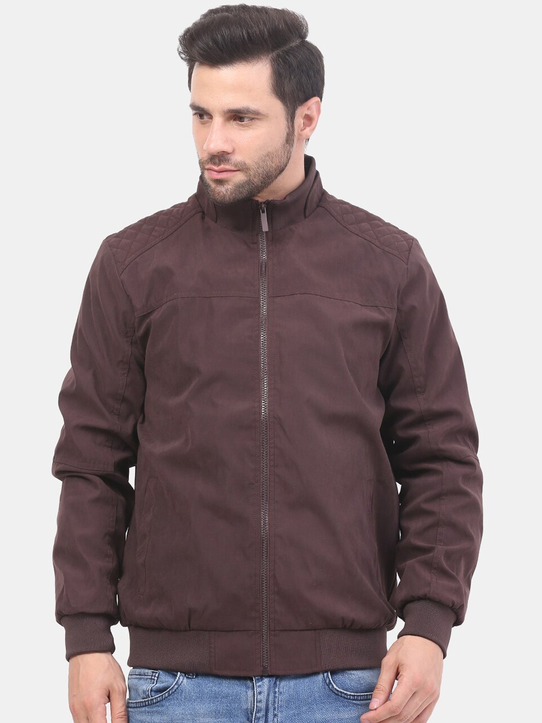 

Mast & Harbour Brown Stand Collar Bomber Jacket