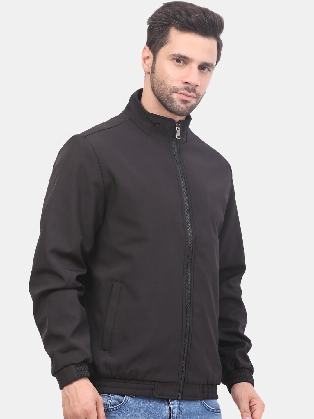 

Mast & Harbour Black Stand Collar Bomber Jacket