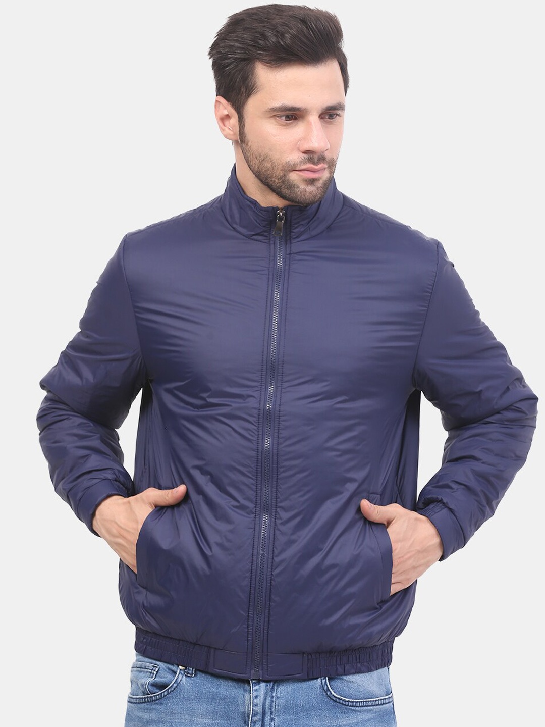 

Mast & Harbour Navy Blue Mock Collar Long Sleeves Nylon Bomber Jacket