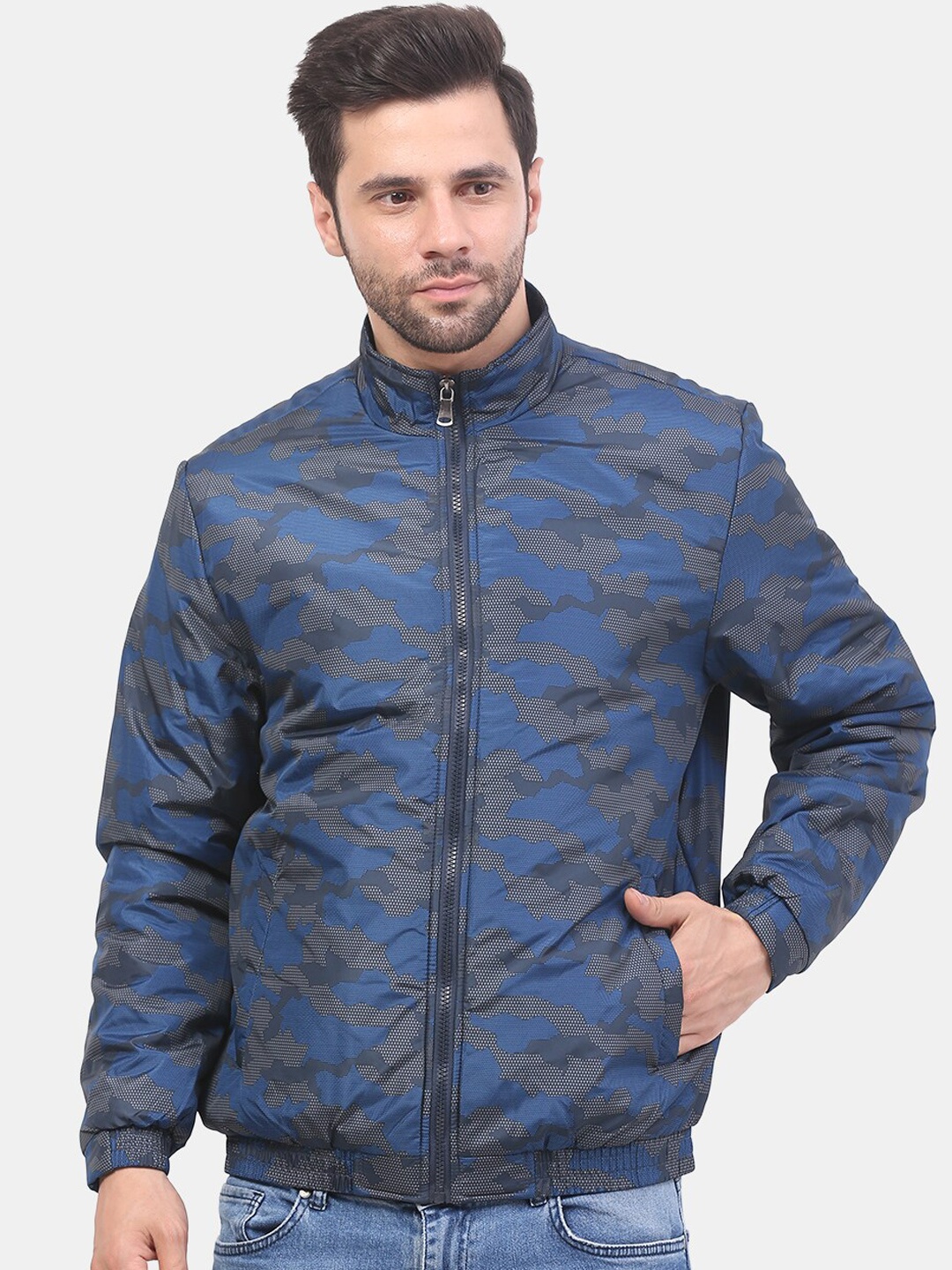 

Mast & Harbour Navy Blue & Grey Camouflage Printed Bomber Jacket