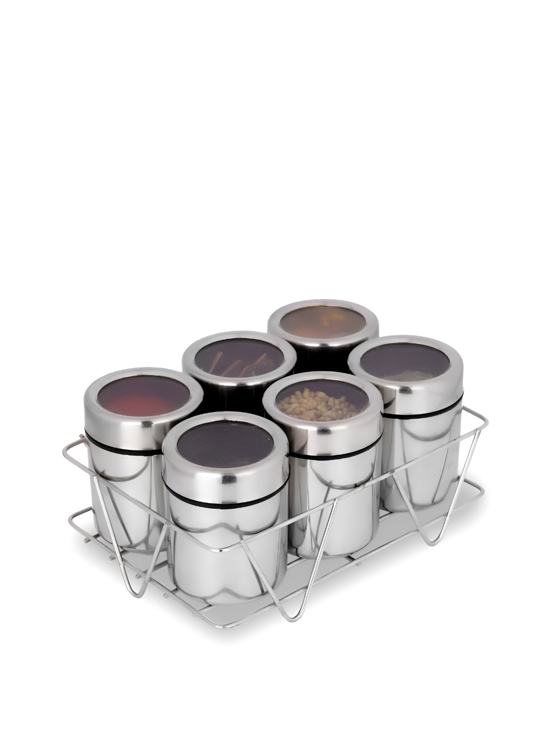 

ATROCK Silver Toned 6 Pieces solid Stainless Steel Dishwasher Safe Spice Box With Stand