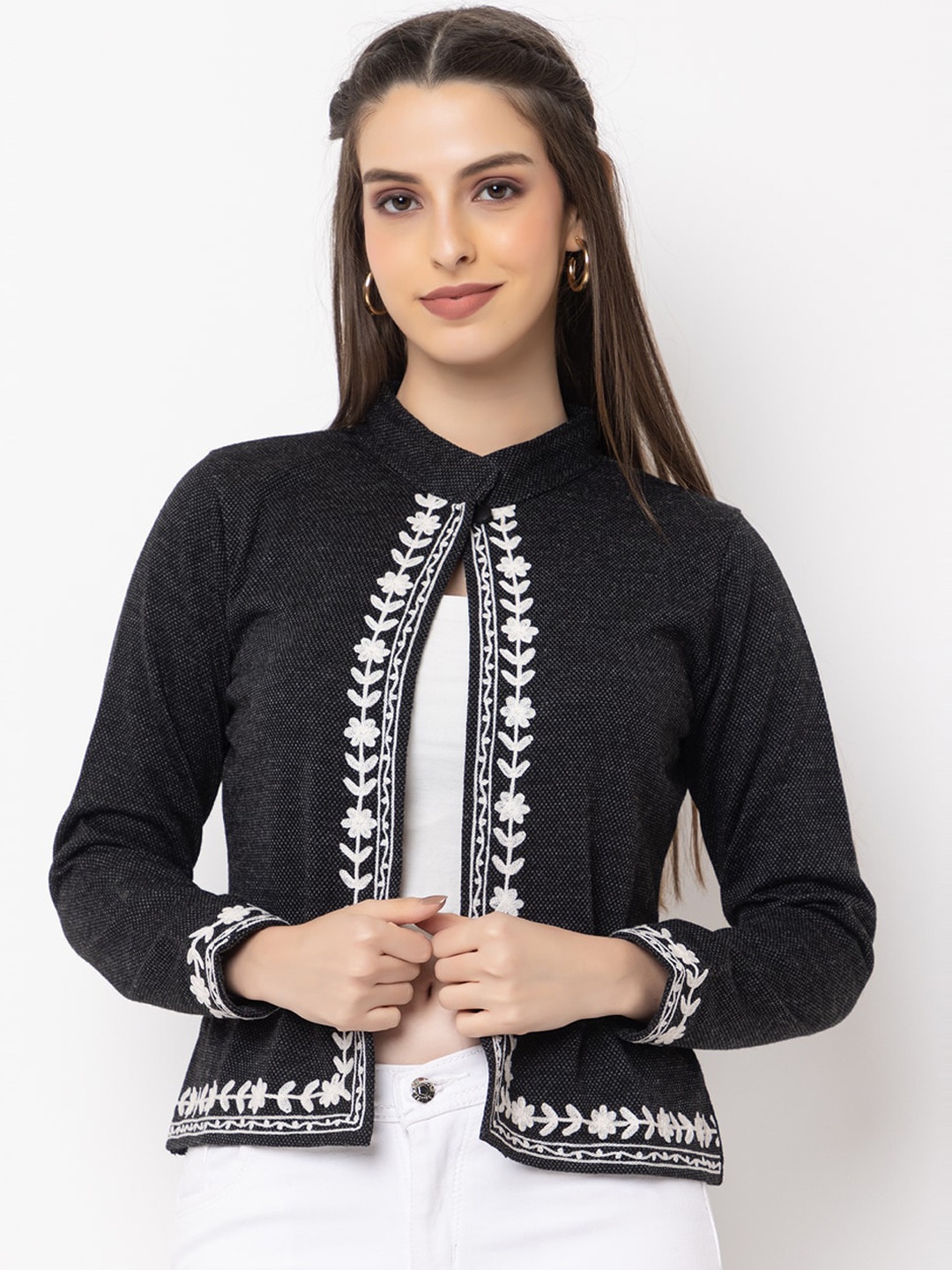 

KEIKO Mandarin Collar Acrylic Ethnic Jacket, Black