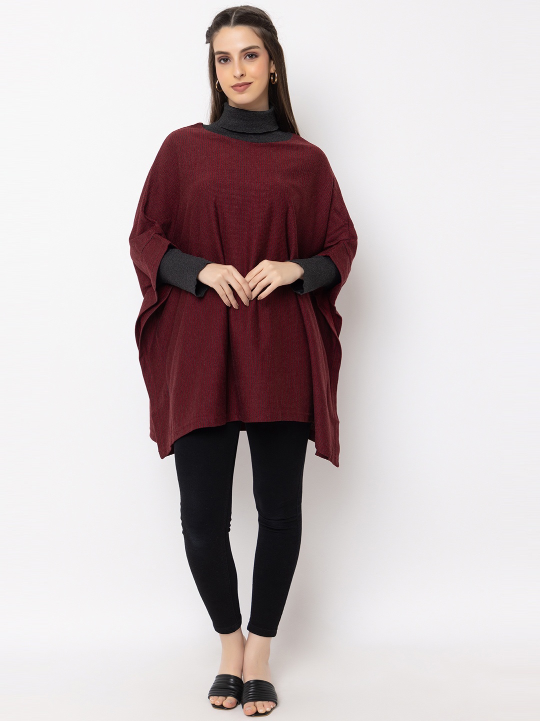

KEIKO Turtle Neck Acrylic Longline Poncho, Maroon
