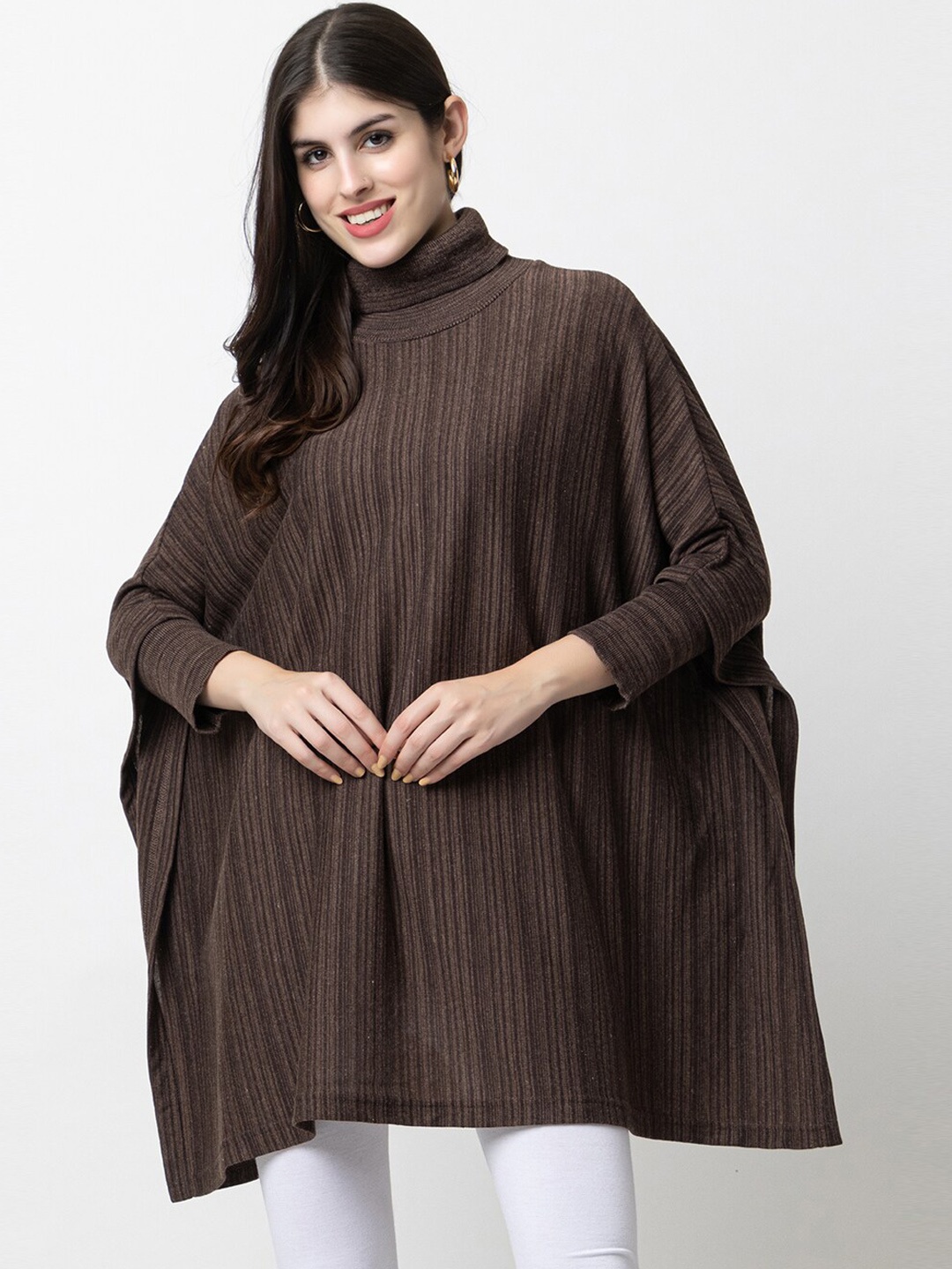 

KEIKO Turtle Neck Acrylic Longline Poncho, Brown