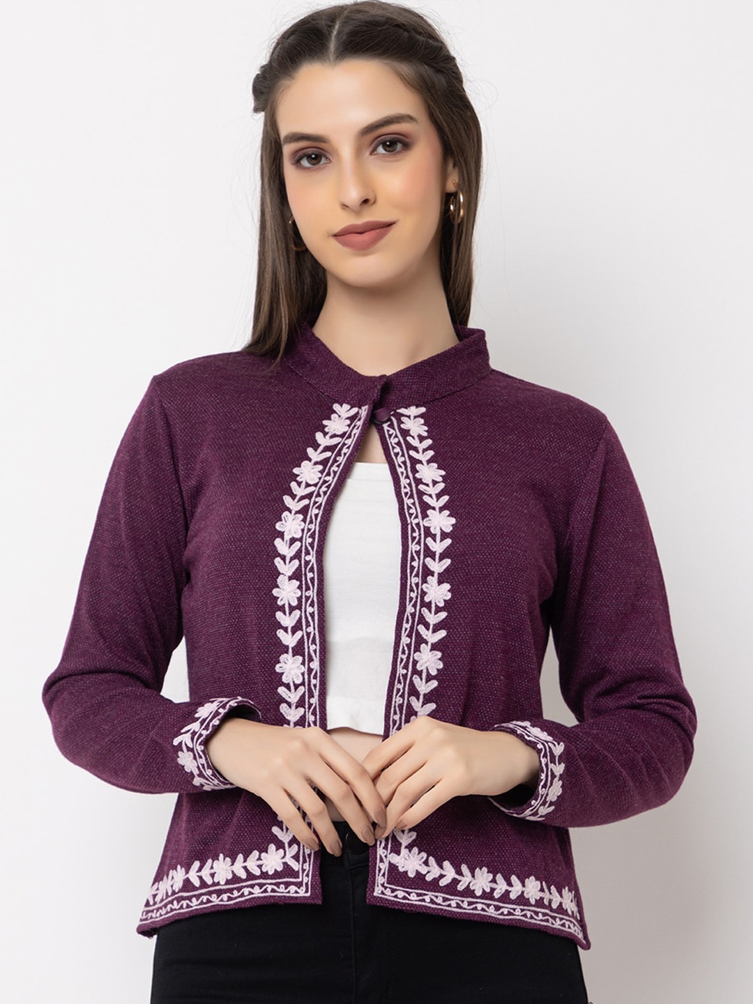 

KEIKO Floral Embrodered Acrylic Ethnic Shrug, Purple