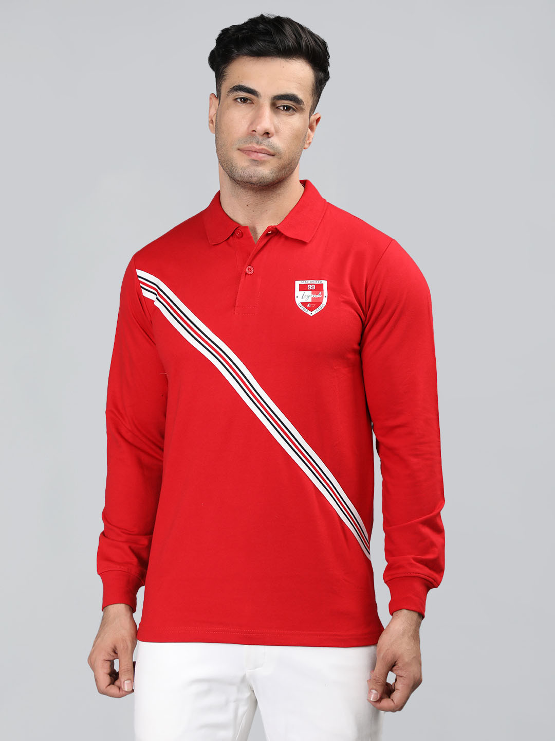

NEVA Striped Polo Collar Cotton T-shirt, Red