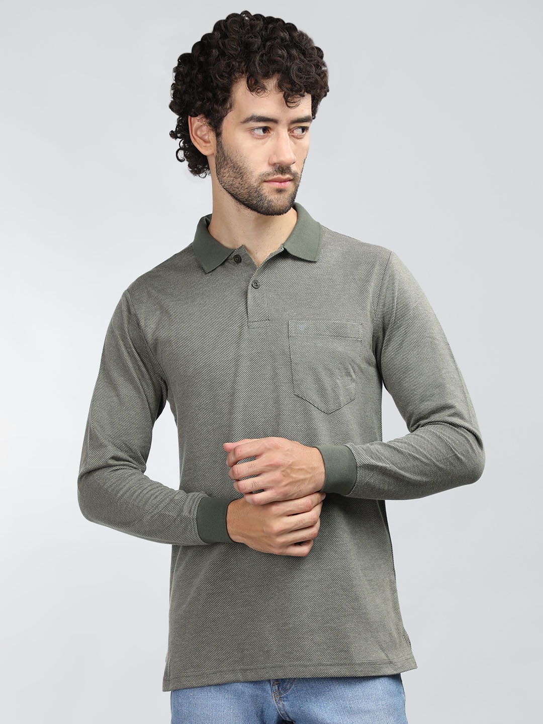 

NEVA Striped Polo Collar Cotton T-shirt, Olive
