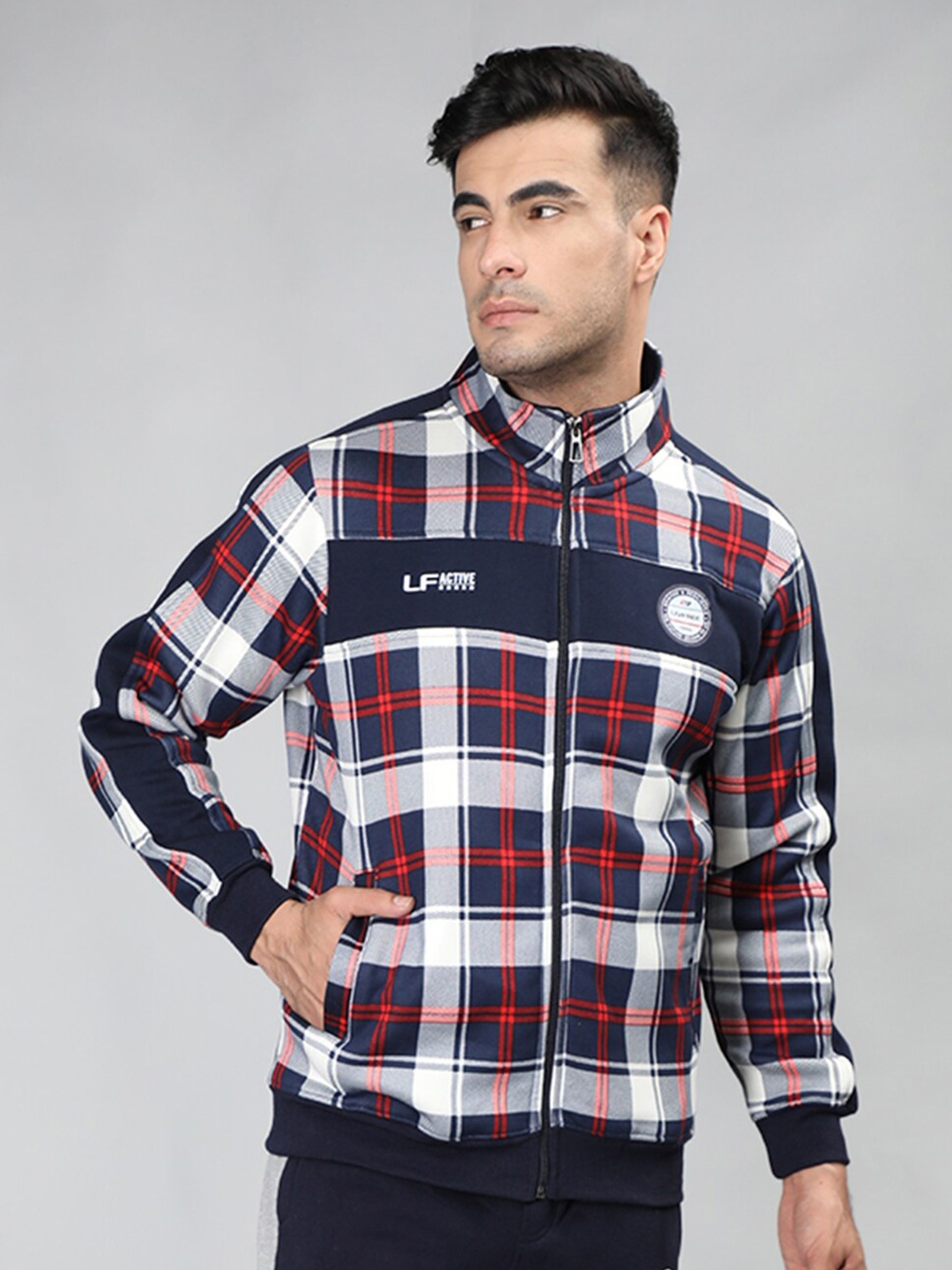 

NEVA Checked Mock Collar Cotton Front Open Sweatshirt, Navy blue