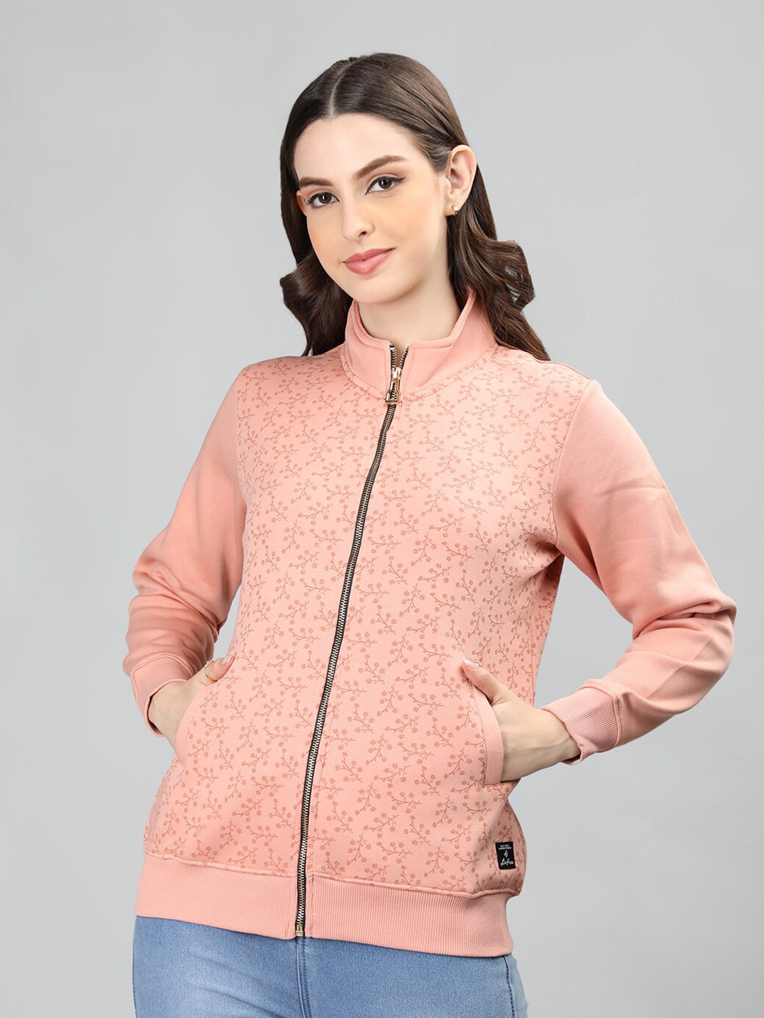 

NEVA Floral Printed Mock Collar Cotton Front Open Sweatshirt, Beige
