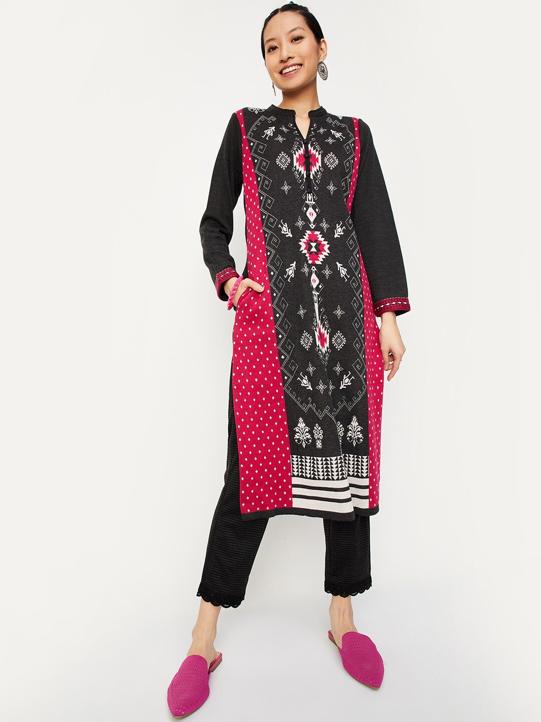 

max Ethnic Motifs Printed Mandarin Collar Straight Kurta, Grey