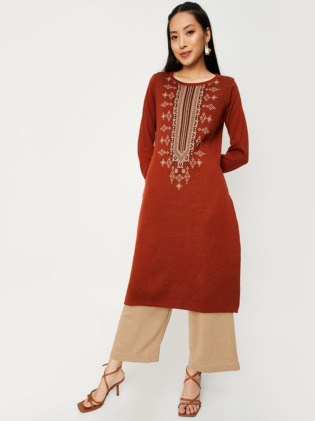 

max Ethnic Motifs Woven Design Straight Kurta, Rust