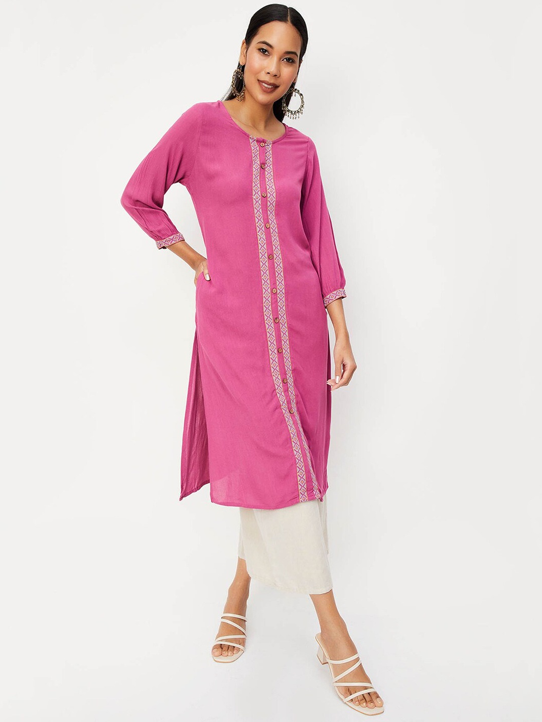 

max Thread Work Puff Sleeves Straight Kurta, Pink