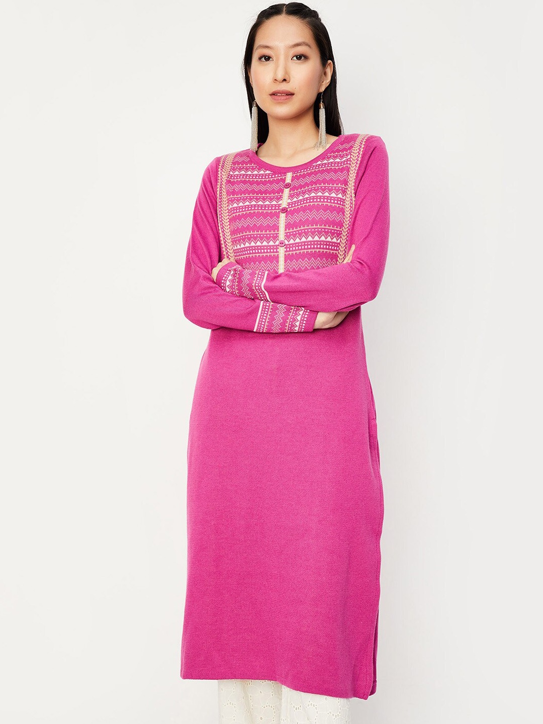 

max Geometric Yoke Design Acrylic Straight Kurta, Pink