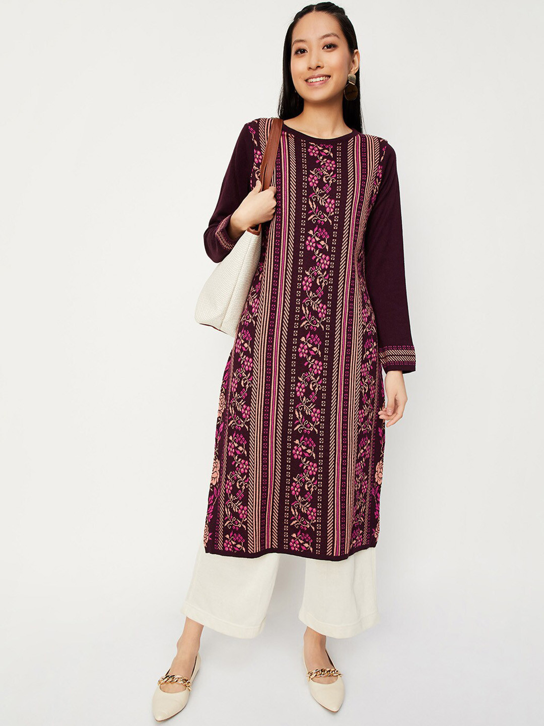 

max Floral Woven Design Long Sleeves Acrylic straight Kurta, Red