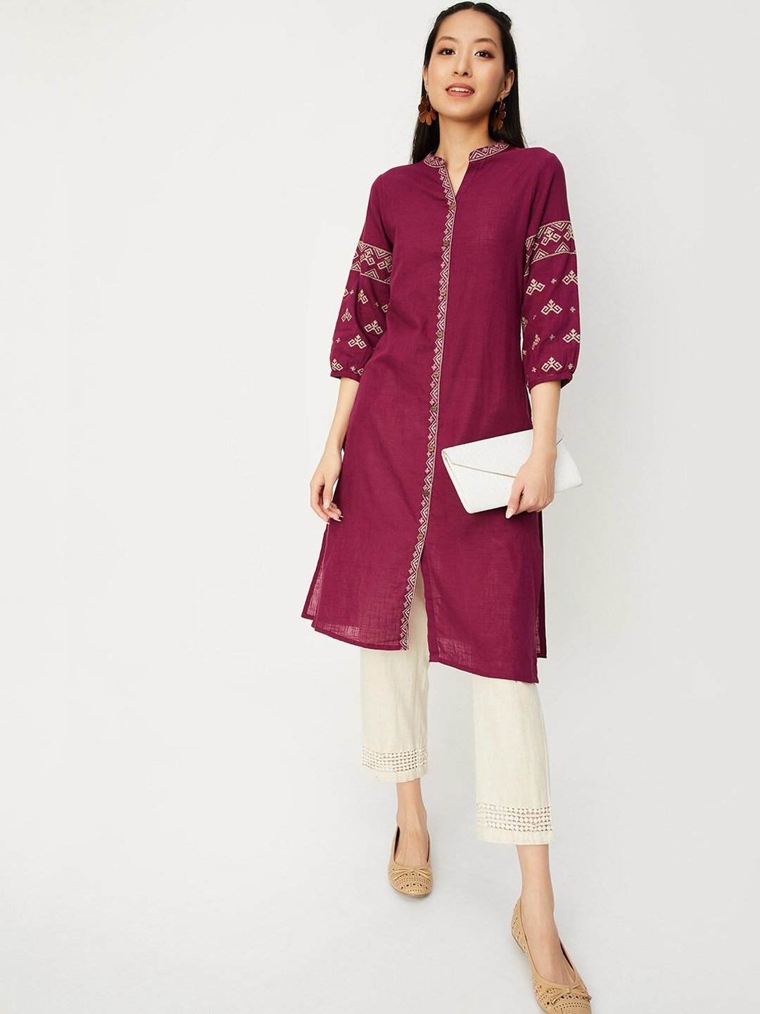 

max Ethnic Motifs Embroidered Mandarin Collar Regular Cotton Kurta, Burgundy