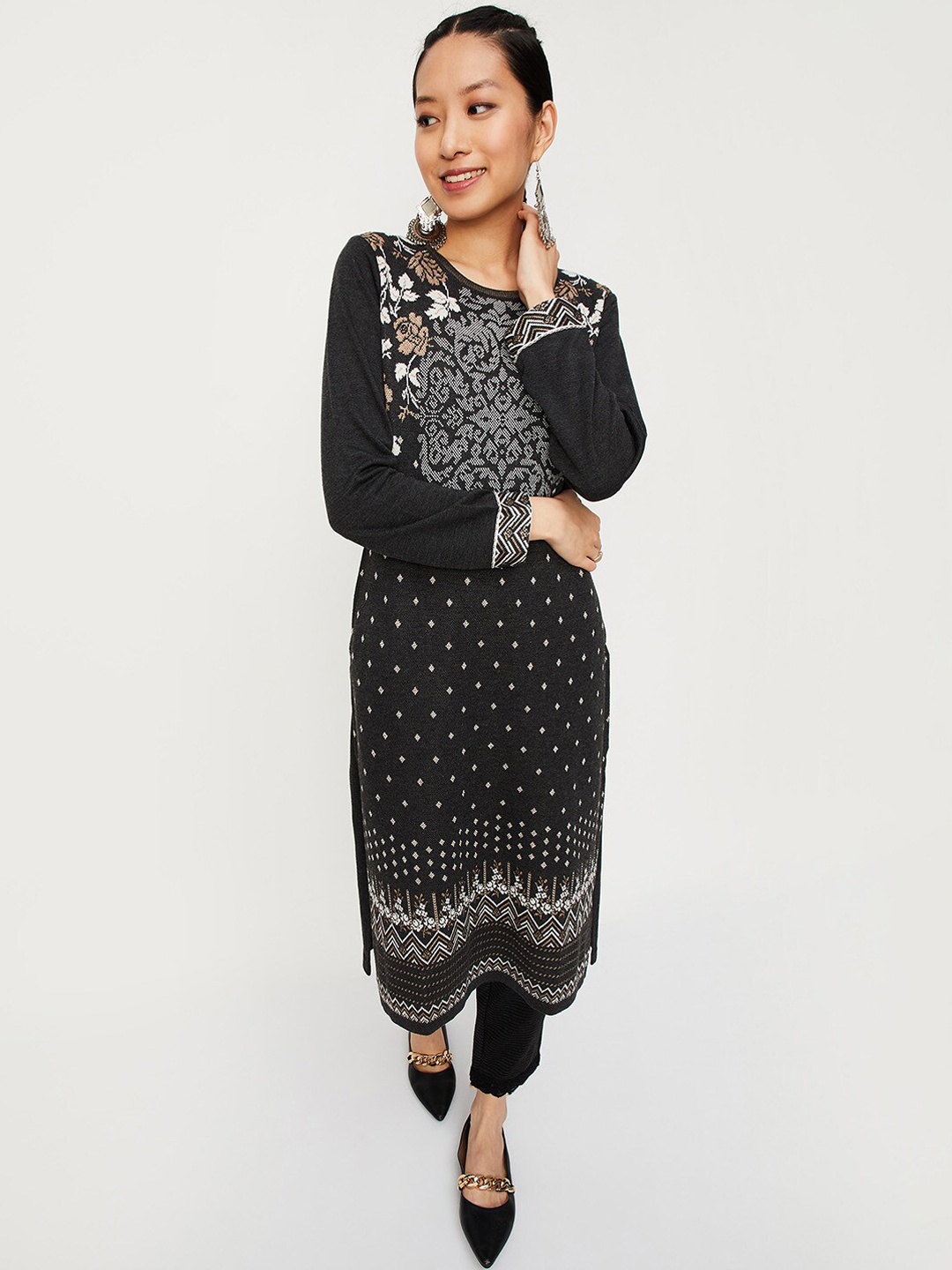 

max Ethnic Motif Woven Design Straight Kurta, Charcoal