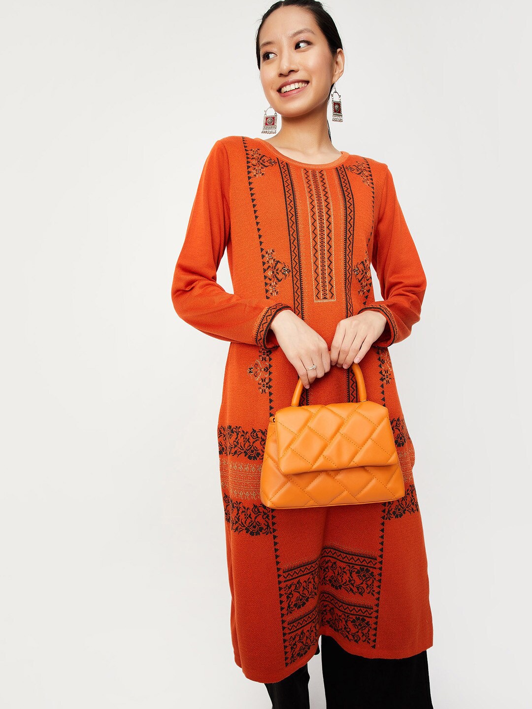 

max Ethnic Motifs Woven Design Straight Kurta, Orange