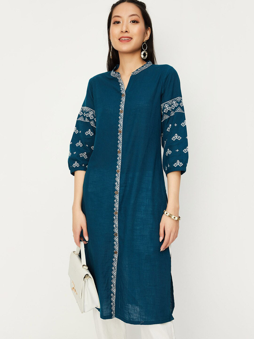 

max Geometric Embroidered Mandarin Collar Thread Work Cotton Straight Kurta, Teal