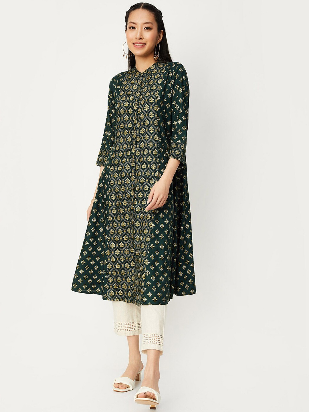 

max Ethnic Motifs Printed A-Line Kurta, Green