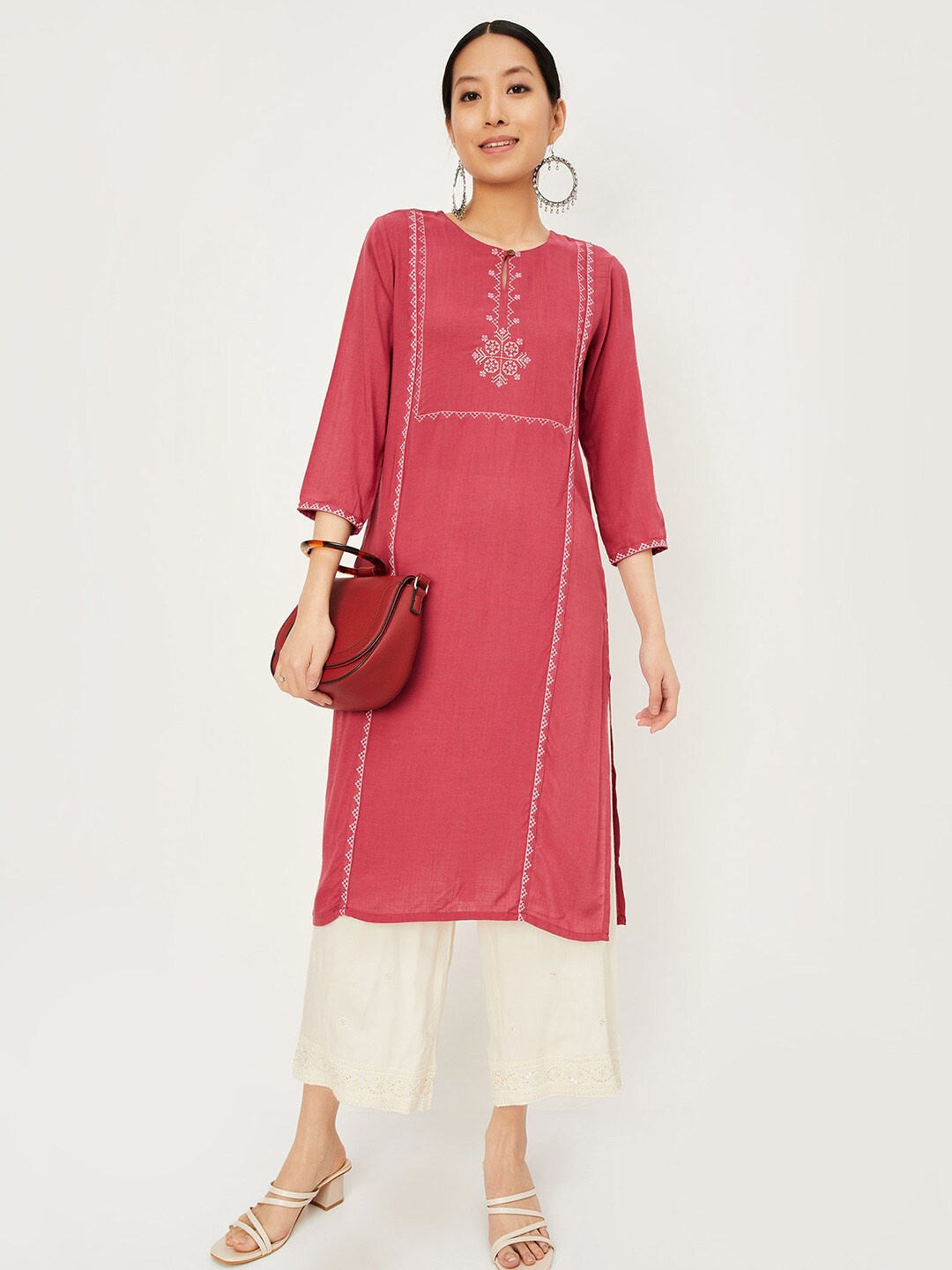 

max Ethnic Motifs Embroidered Keyhole Neck Thread Work Straight Kurta, Red