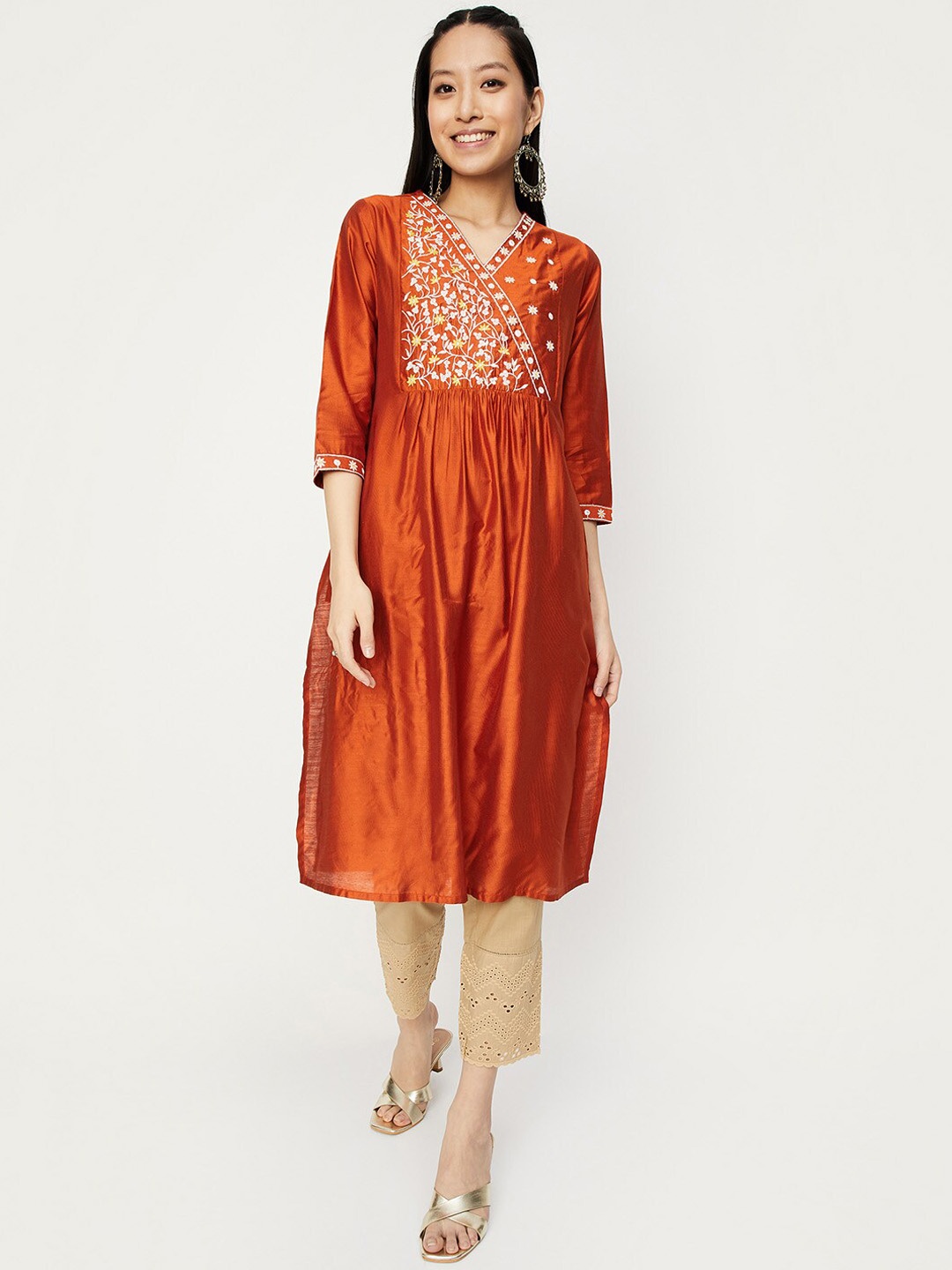 

max Floral Embroidered A-line Kurta, Orange