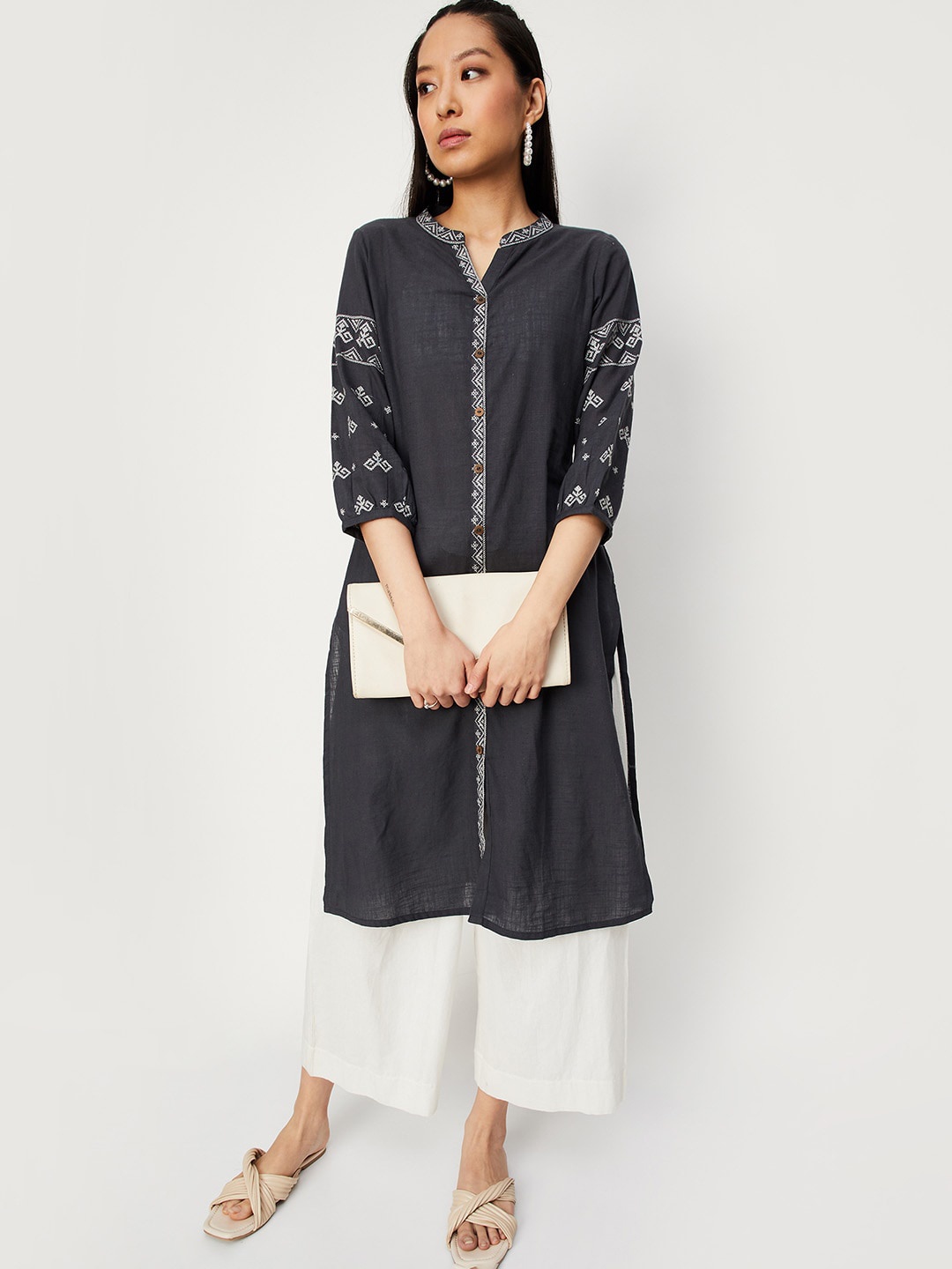 

max Geometric Embroidered A-Line Cotton Kurta, Grey