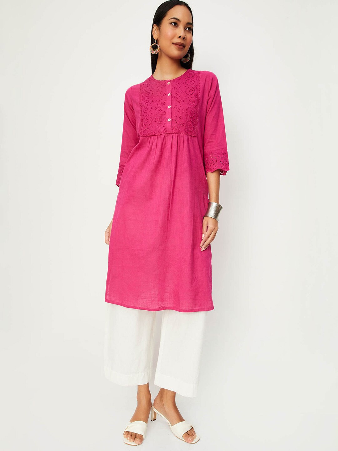 

max Round Neck Pleated Cotton Kurta, Pink