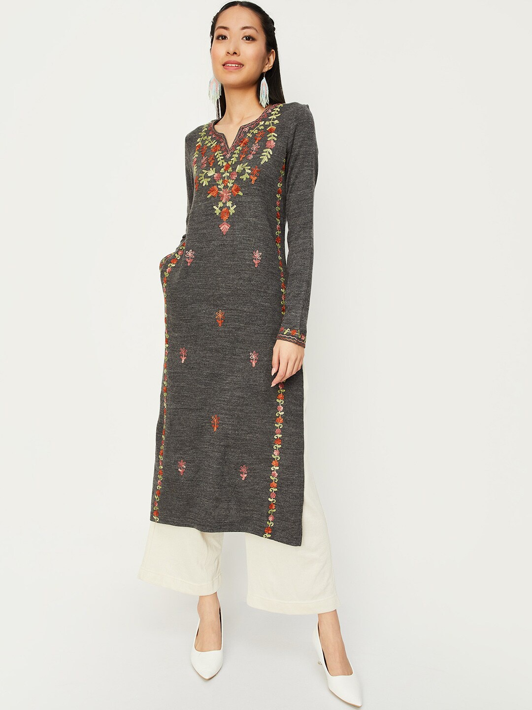 

max Floral Embroidered Round Notched Neck Acrylic Kurta, Grey