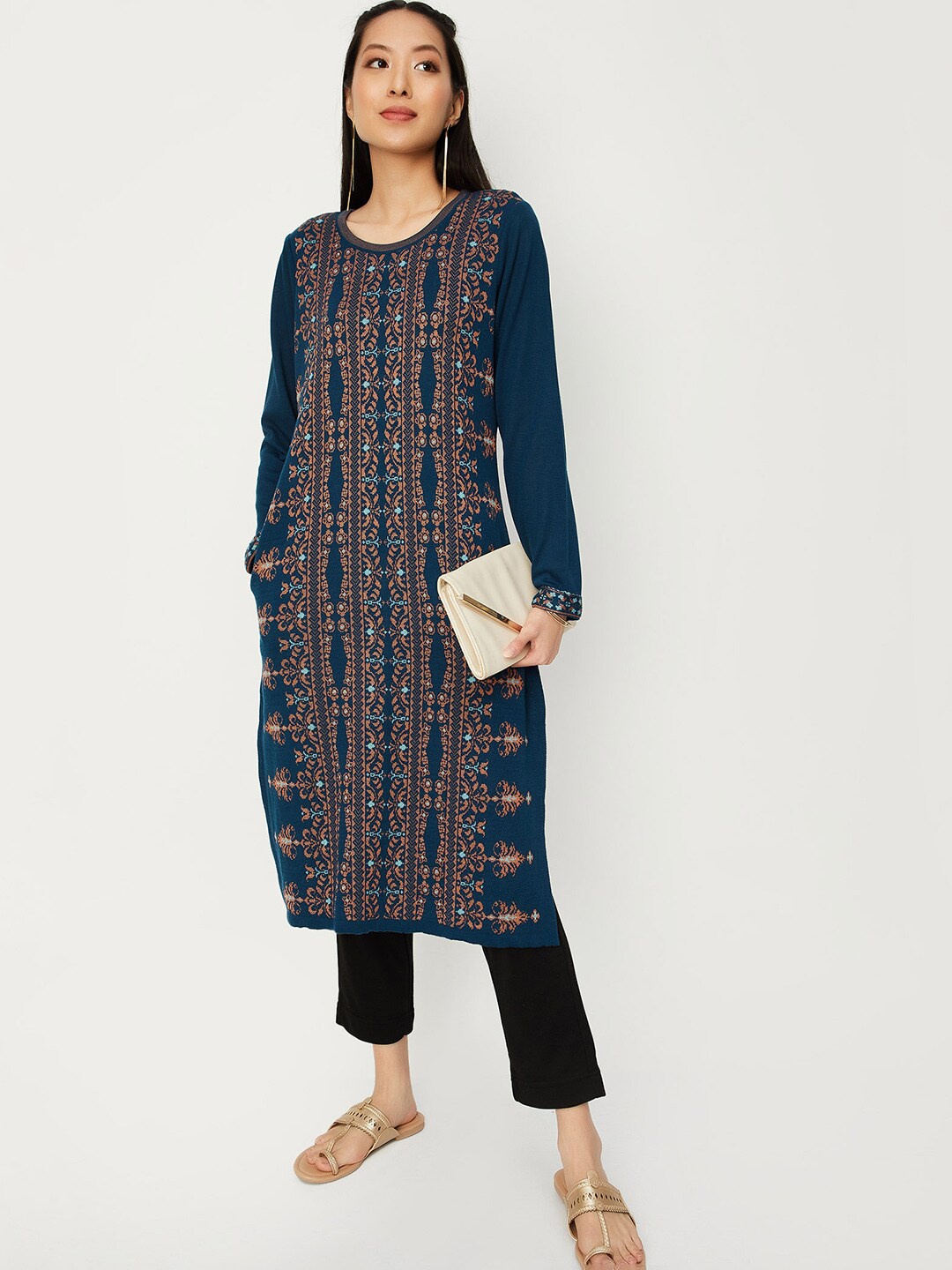 

max Ethnic Motif Woven Design Straight Kurta, Navy blue