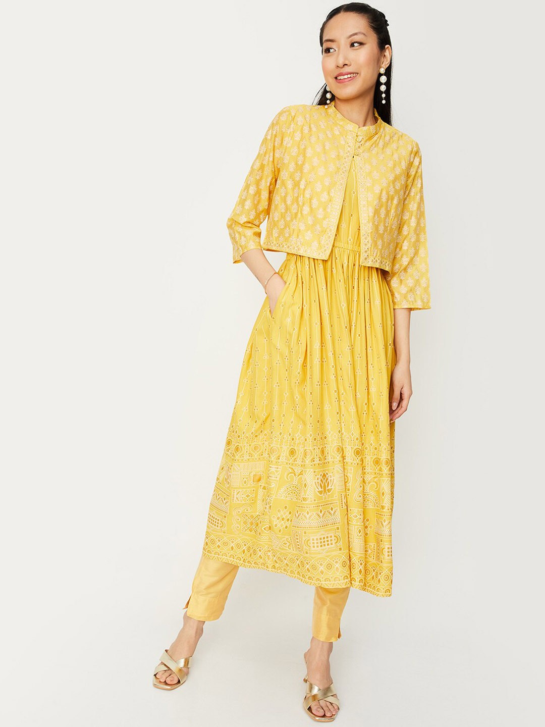

max Ethnic Motifs Printed Shoulder Strapped Anarkali Kurta With A Jacket, Yellow