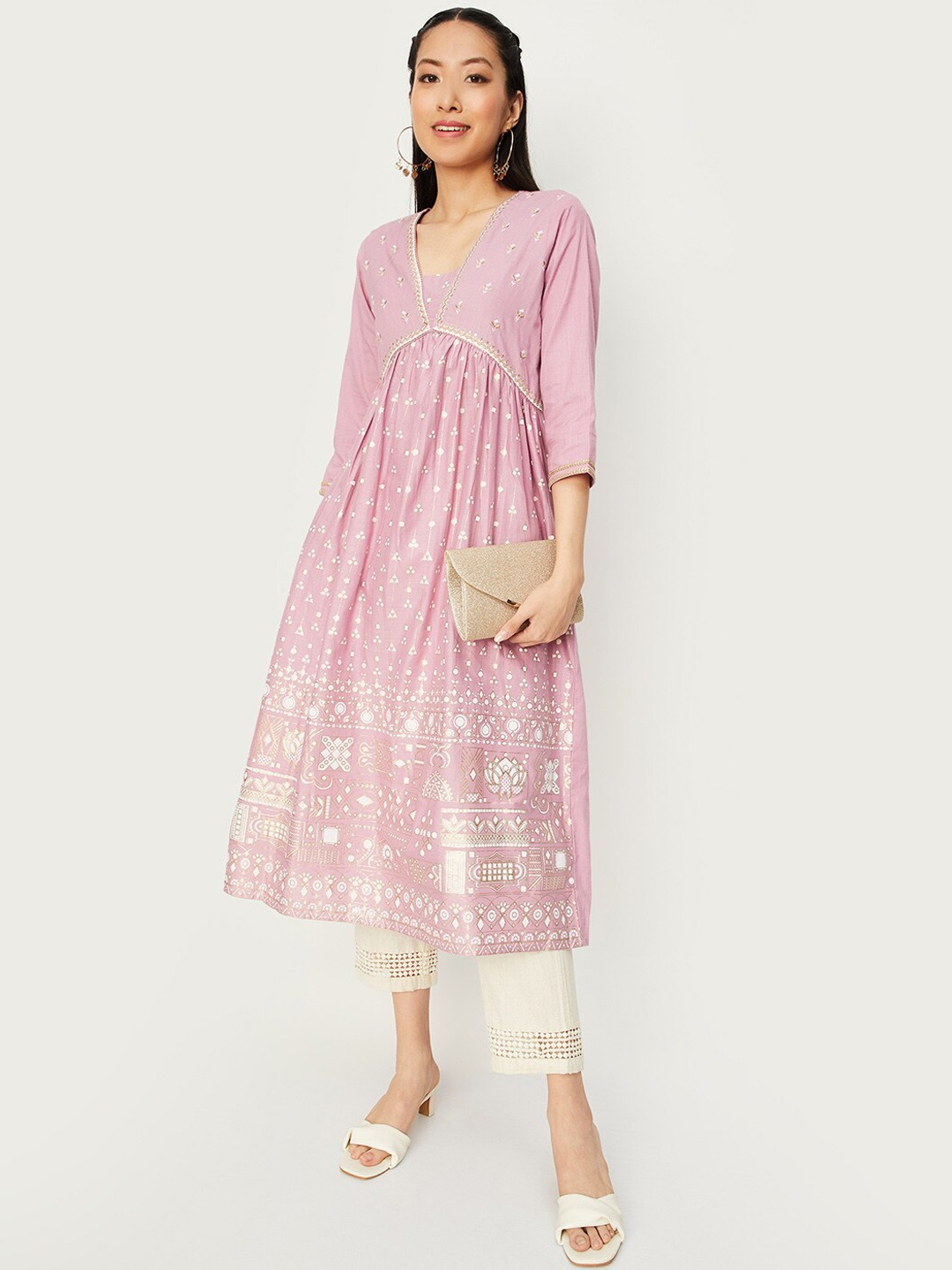 

max Ethnic Motifs Printed Square Neck Cotton Anarkali Kurta, Pink