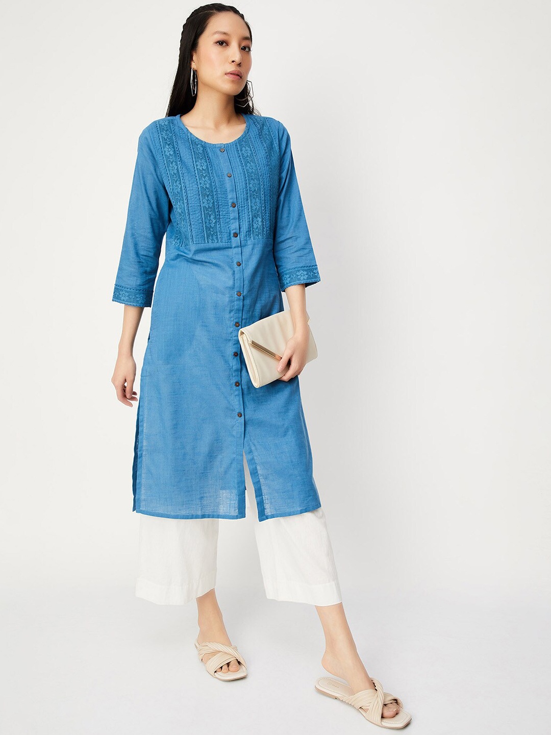 

max Floral Yoke Design Straight Cotton Kurta, Blue