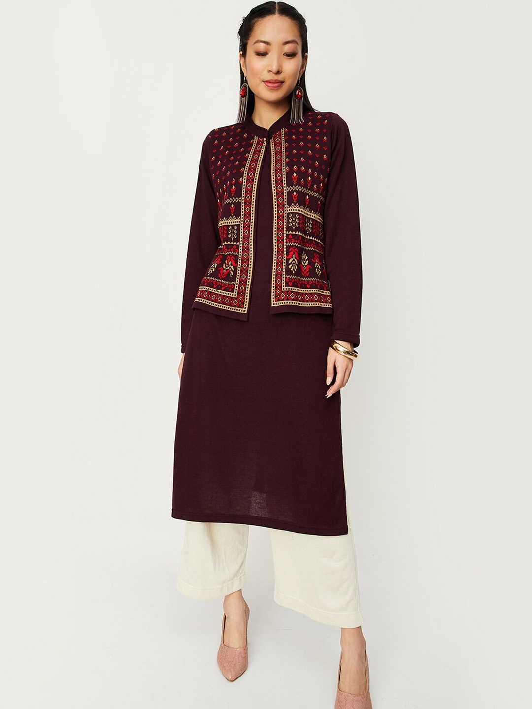 

max Ethnic Motifs Woven Design A-Line Acrylic Kurta, Maroon