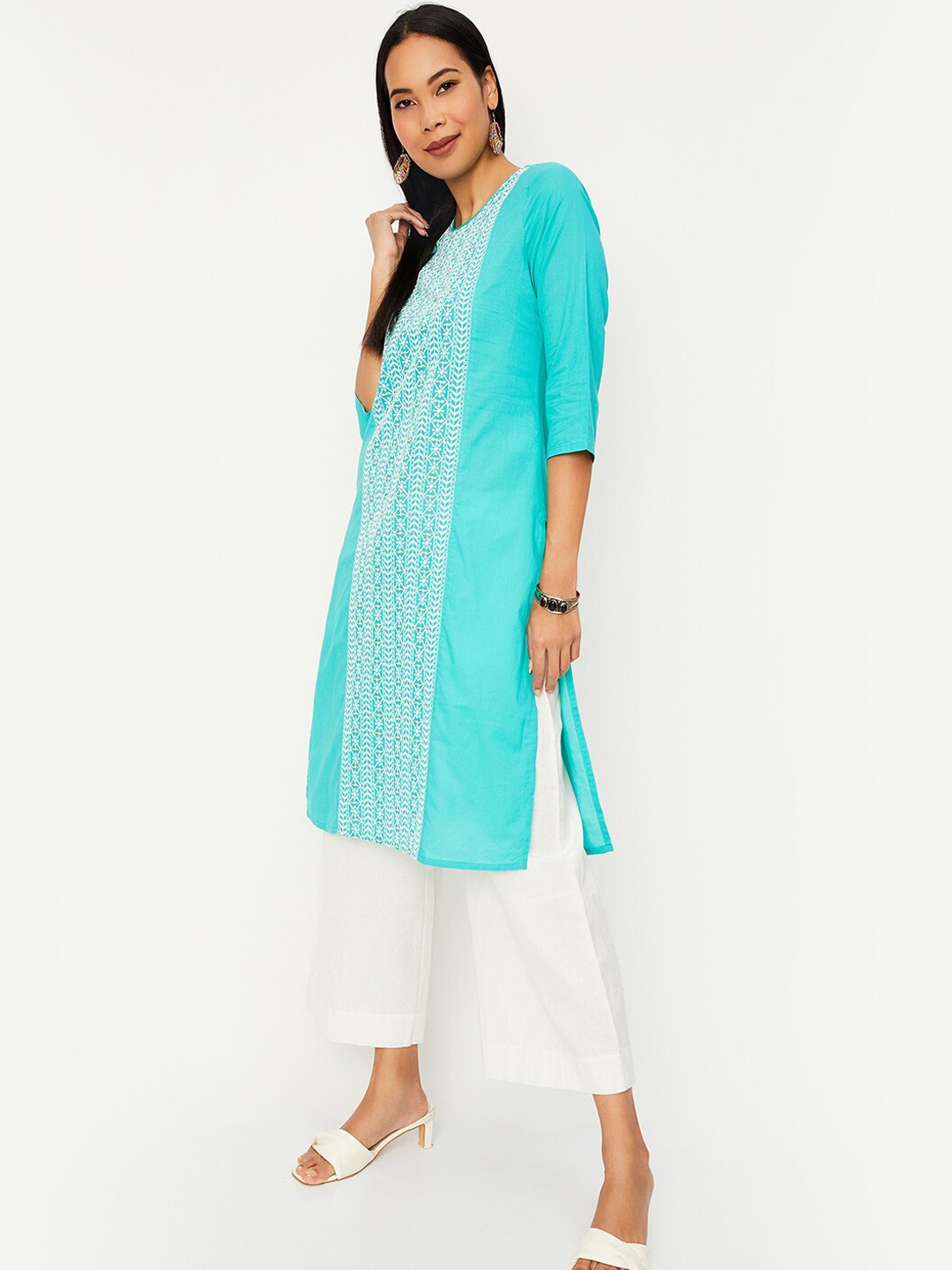 

max Geometric Embroidered Straight Cotton Kurta, Blue