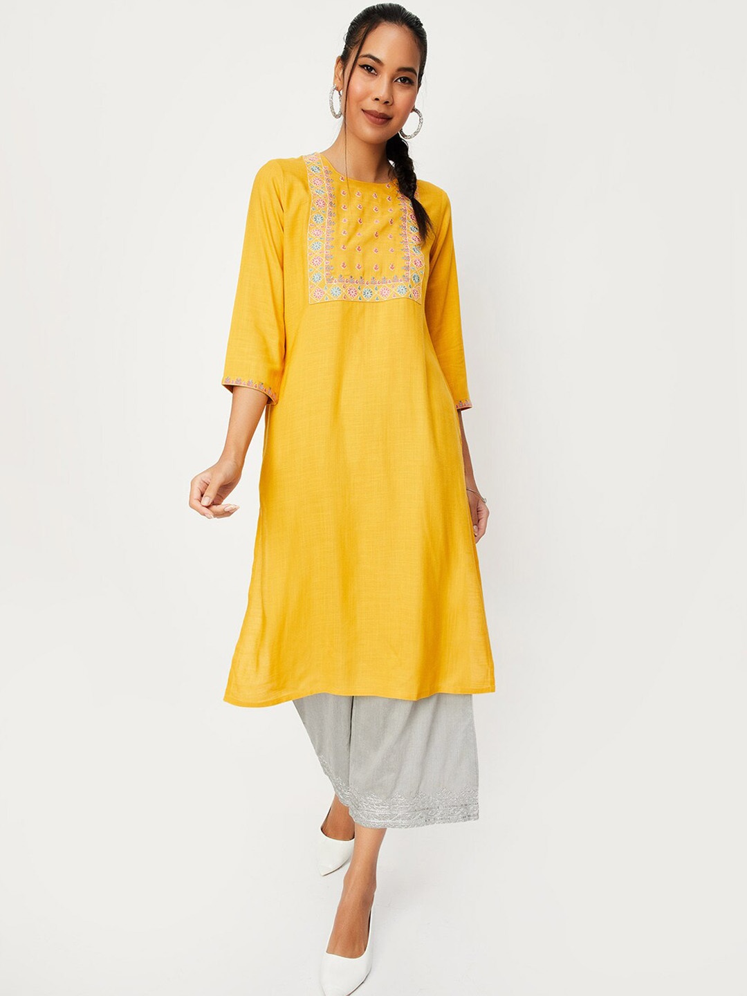 

max Ethnic Motifs Yoke Design Straight Kurta, Yellow