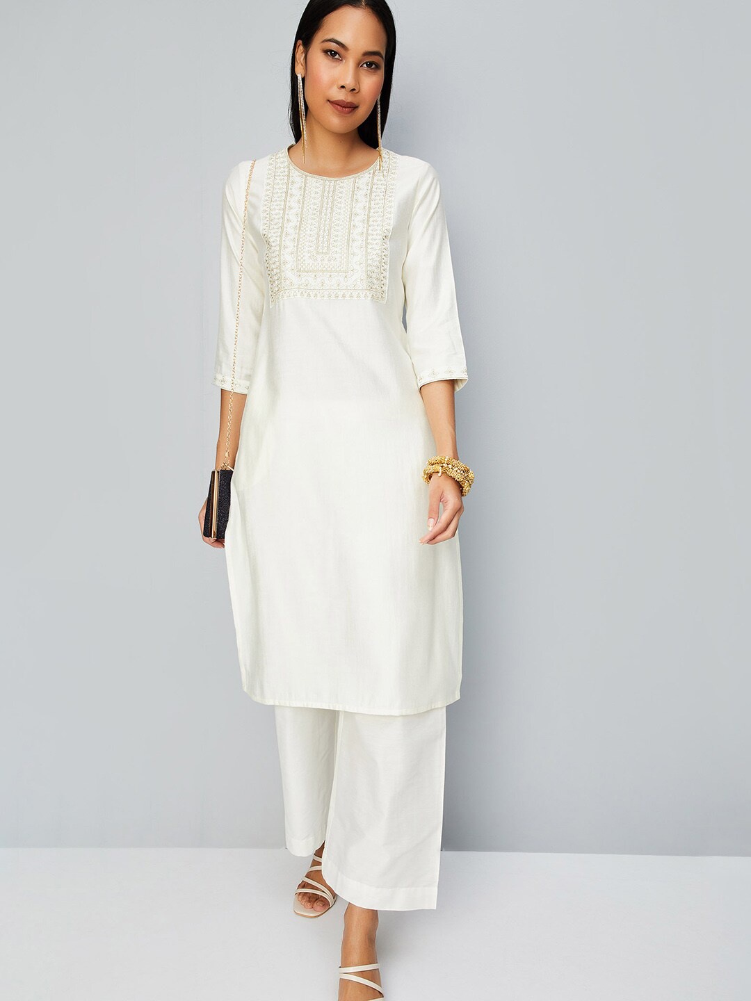 

max Ethnic Motifs Sequinned Yoke Design Regular Kurta, Off white
