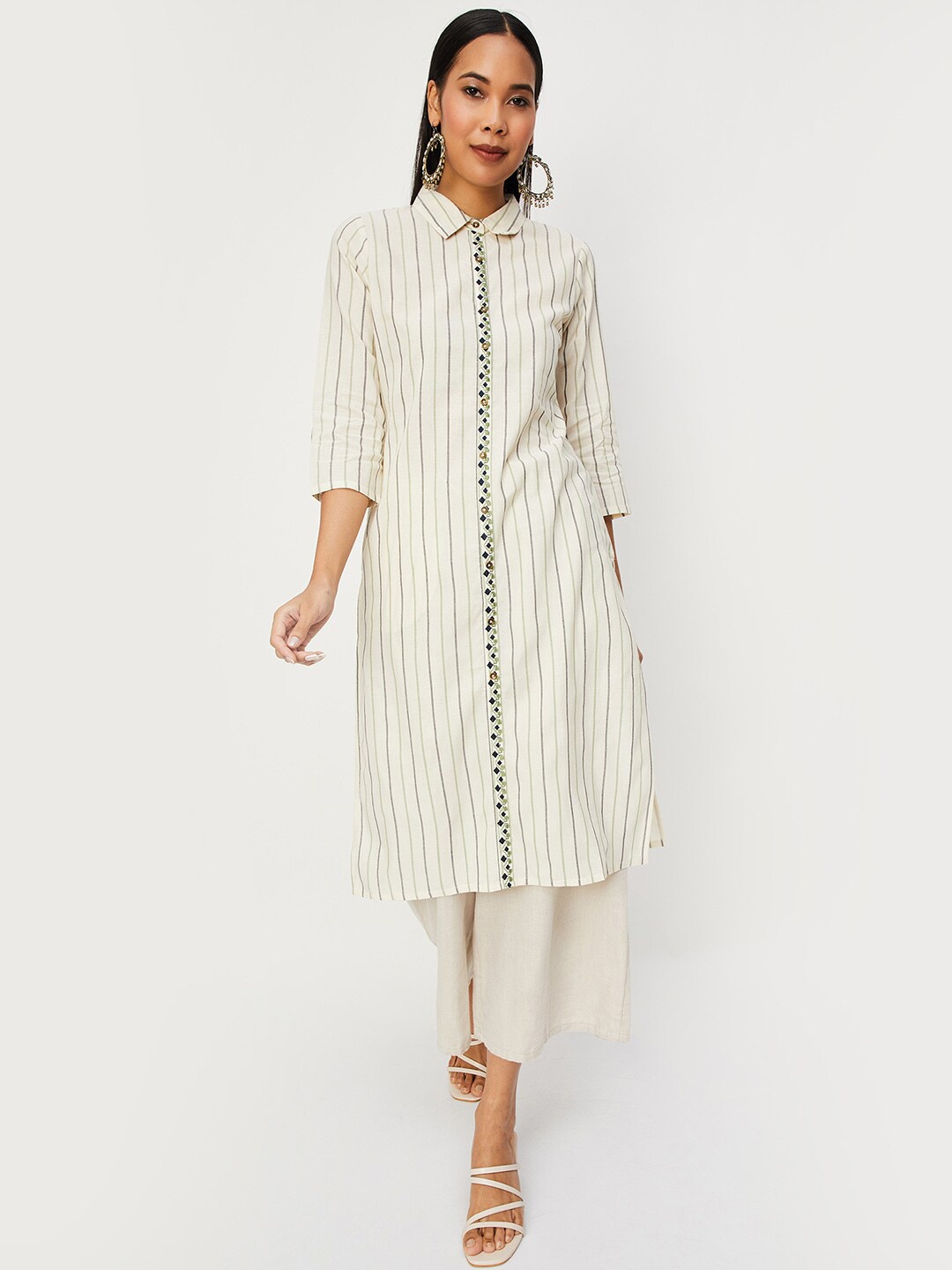 

max Striped Shirt Collar Cotton A-Line Kurta, Off white