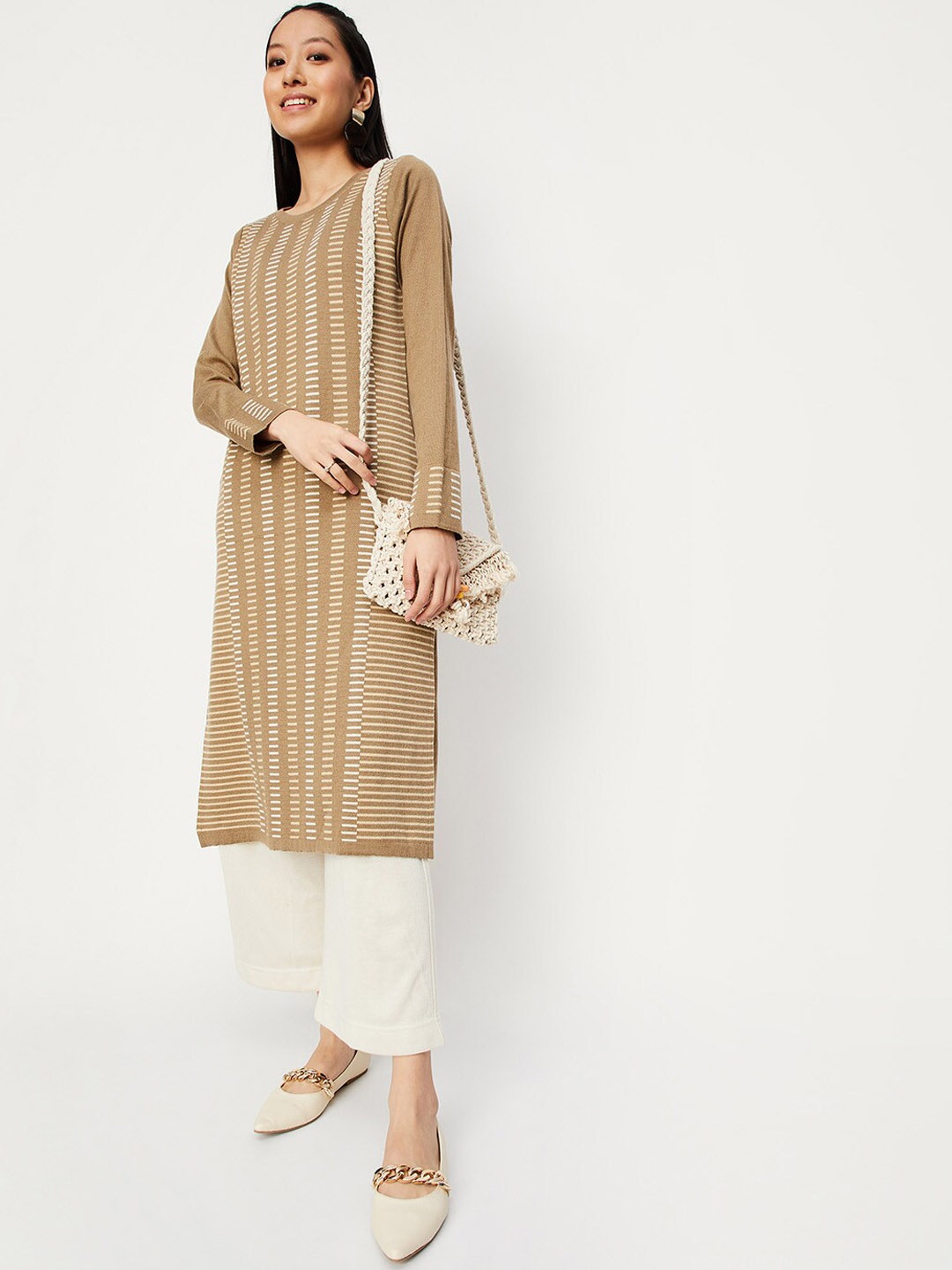 

max Striped Straight Kurta, Beige