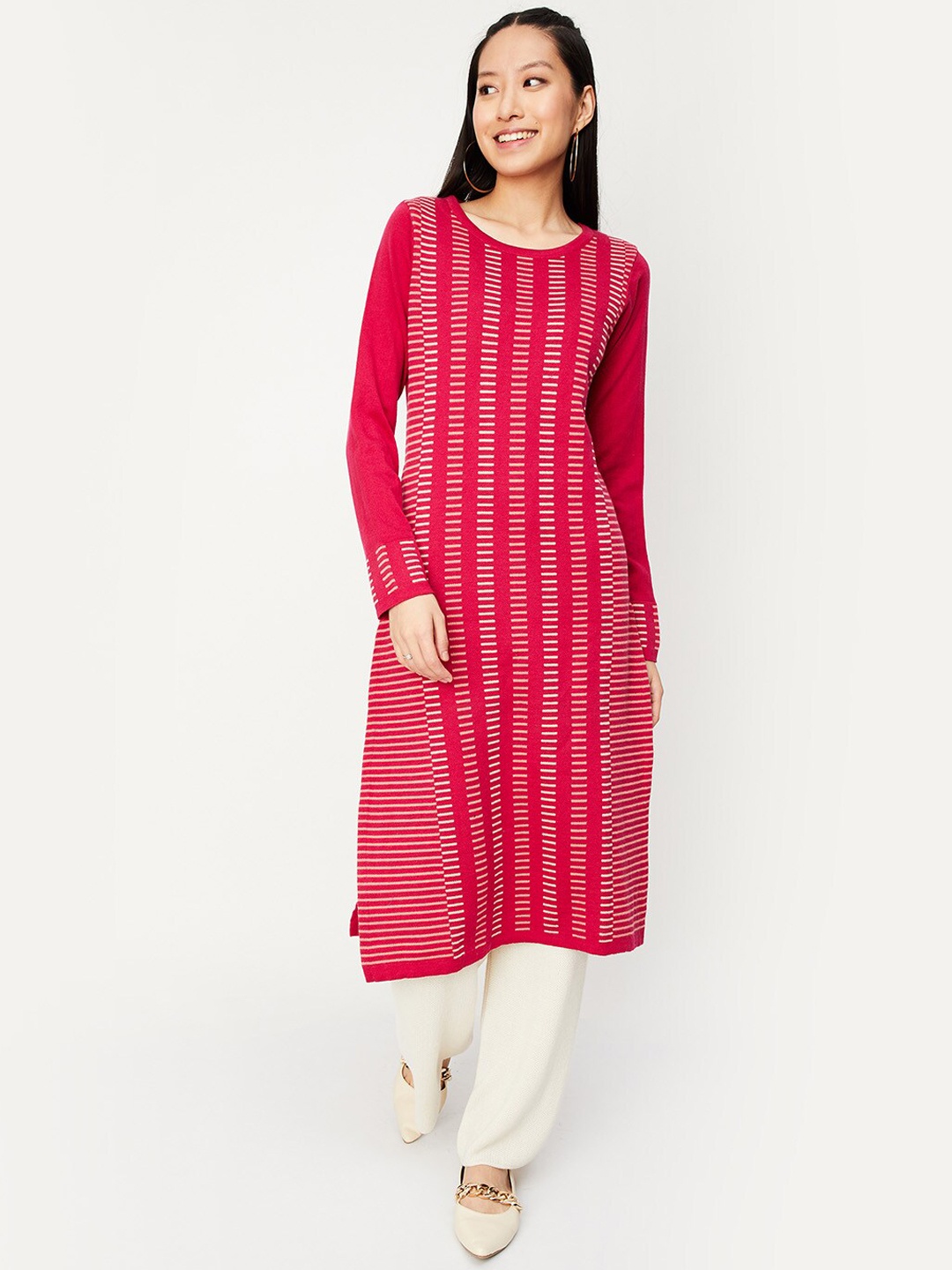

max Geometric Printed Round Neck Straight Kurta, Pink