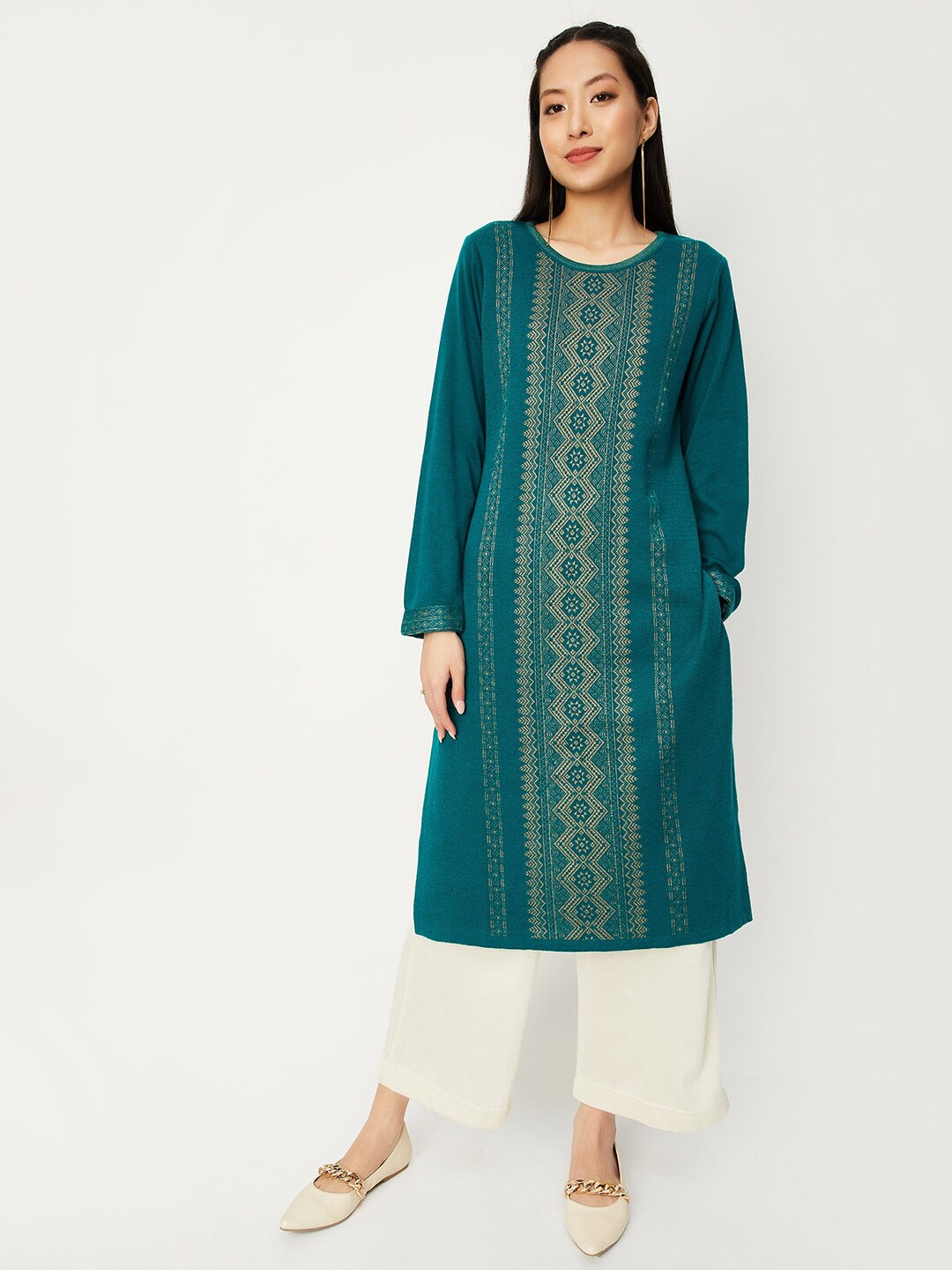 

max Geometric Woven Design Thread Work Jacquard Straight Kurta, Green