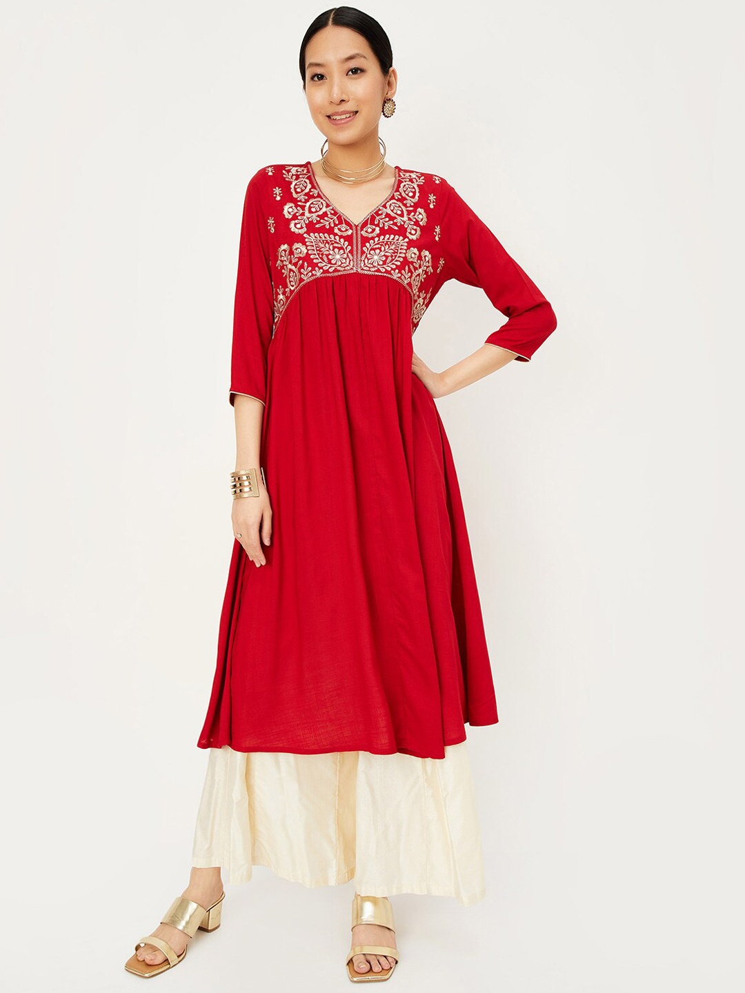 

max Floral Yoke Design Thread Work Cotton Anarkali Kurta, Red