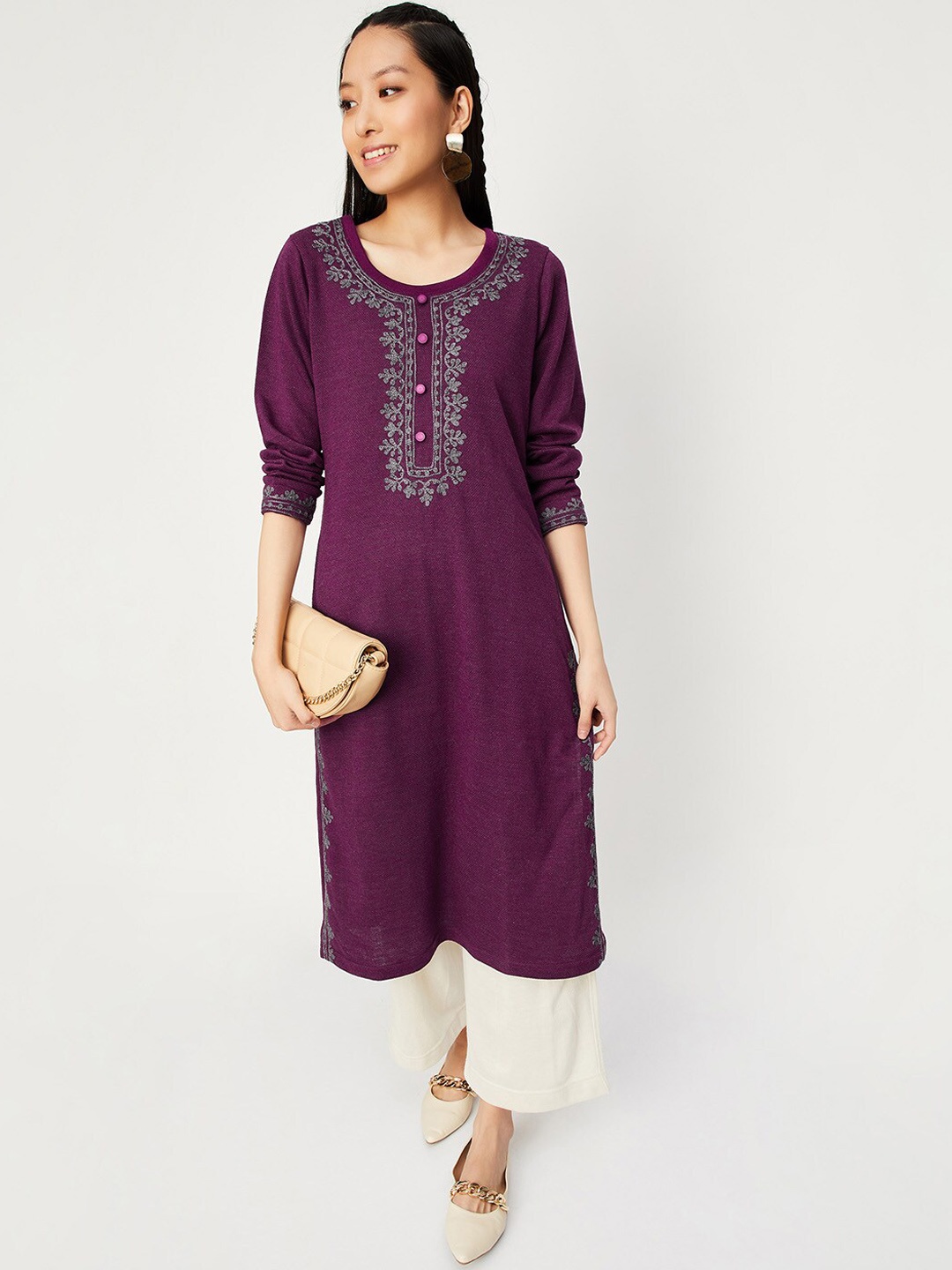 

max Floral Embroidered Round Neck Acrylic Kurta, Purple
