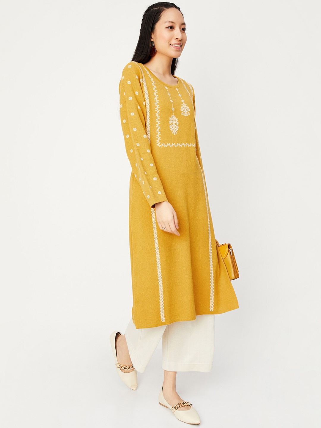 

max Ethnic Motifs Woven Design Straight Kurta, Yellow